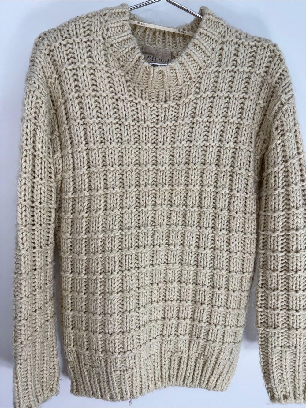 Moon River Cream Chunky Waffle-Knit Crewneck Sweater Soft Size XS over sizes